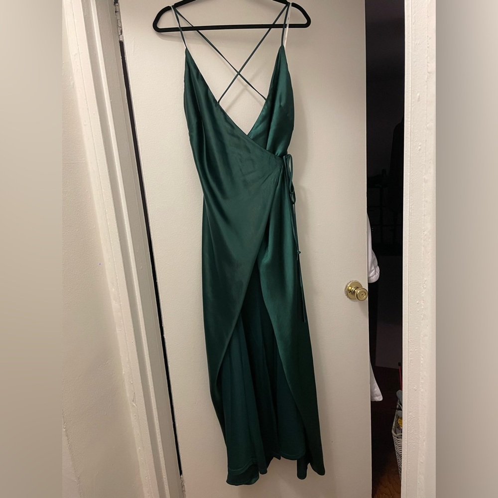Bridesmaid dress Dark Emerald Green Satin Wrap Maxi Dress Size Medium